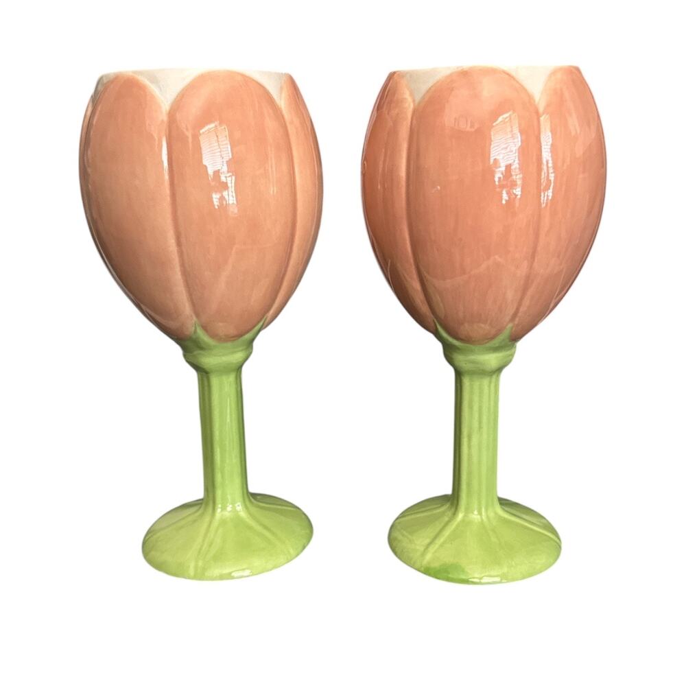 Vintage Ceramic Peach Tulip Set of 2 Wine Glasses